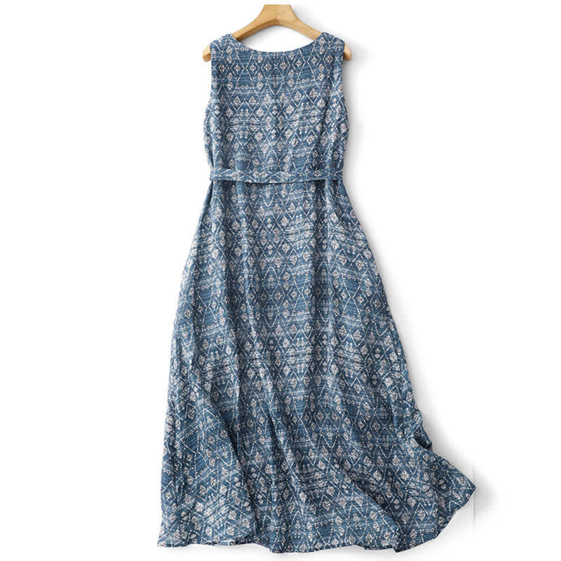 Buddha Stones Summer Boho Drawstring Blue Geometric Women's Summer Sleeveless Dress With Pockets - image 1