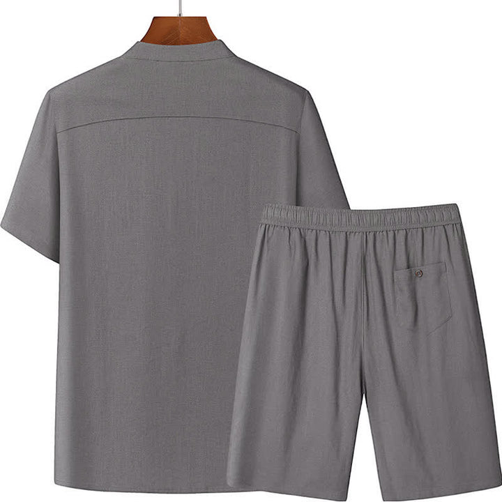 Buddha Stones Summer Casual Mandarin Collar Solid Short Sleeve Shirt Drawstring Pants Men's Matching Sets With Pockets - image 2