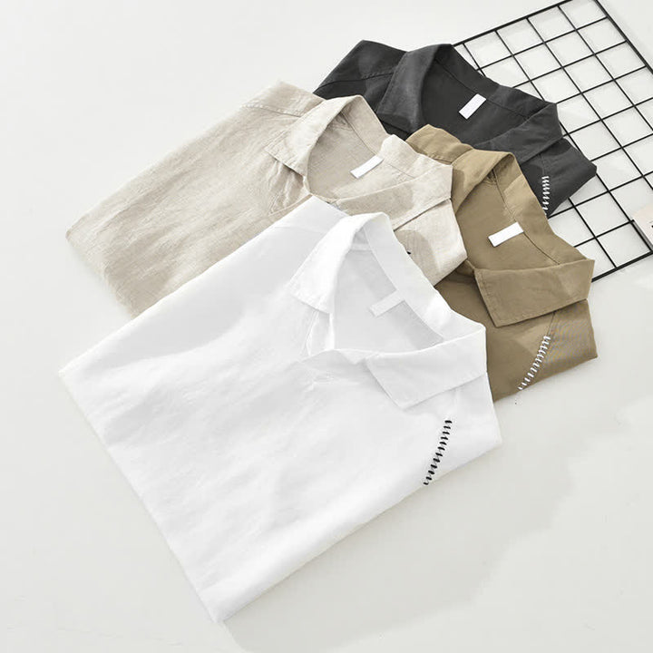 Buddha Stones Summer Casual Minimalist Side Slit Solid Lapel Collar Men's Short Sleeve Shirts - image 15