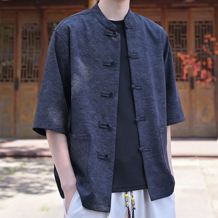 Buddha Stones Summer Tang Style Mandarin Collar Frog Button Solid Men's Short Sleeve Shirts With Pocket - image 9