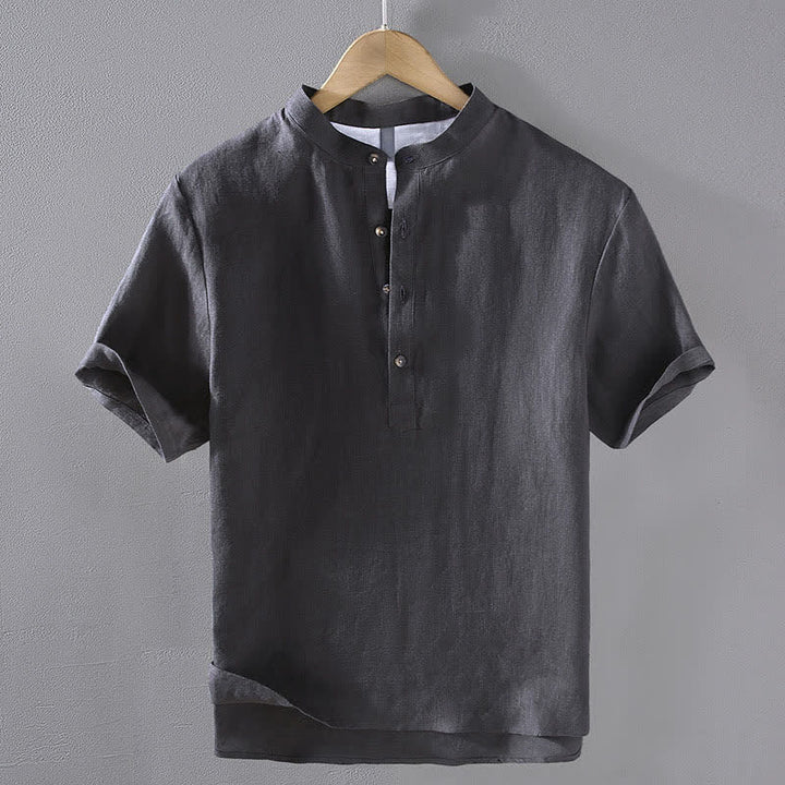 Buddha Stones Summer Tang Style Casual Mandarin Collar Solid Linen Men's Short Sleeve Shirts - DarkSlateGray - US/UK/AU42，EU52 (3XL) - image 12