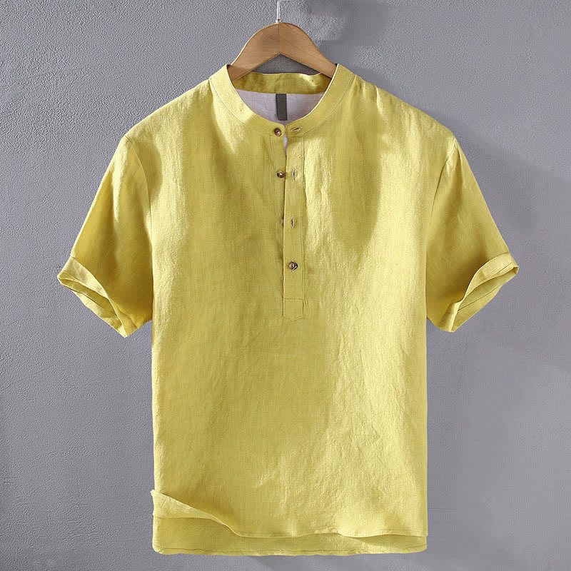 Buddha Stones Summer Tang Style Casual Mandarin Collar Solid Linen Men's Short Sleeve Shirts - Yellow - US/UK/AU42，EU52 (3XL) - image 13