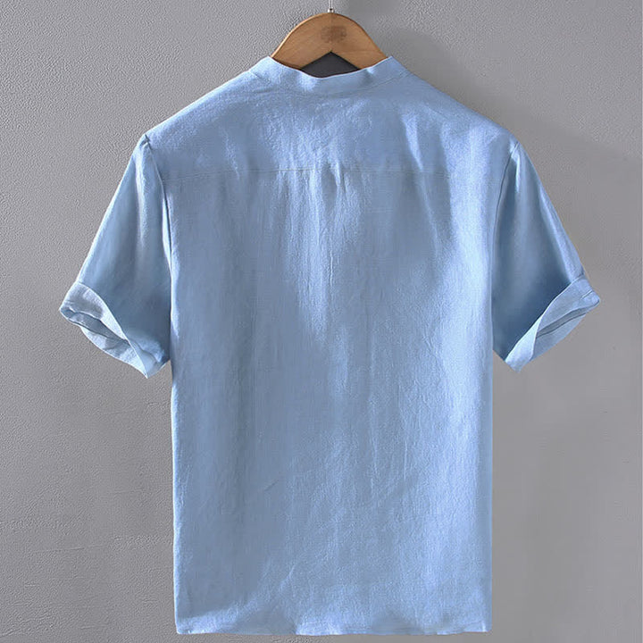 Buddha Stones Summer Tang Style Casual Mandarin Collar Solid Linen Men's Short Sleeve Shirts - image 2