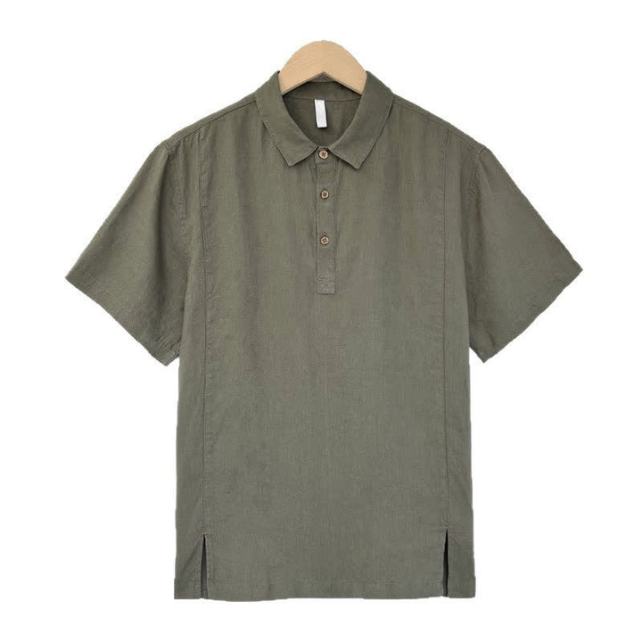 Buddha Stones Summer Casual Side Slit Solid Linen Men's Short Sleeve Shirts - DarkOliveGreen - US/UK/AU44，EU54 (4XL) - image 8
