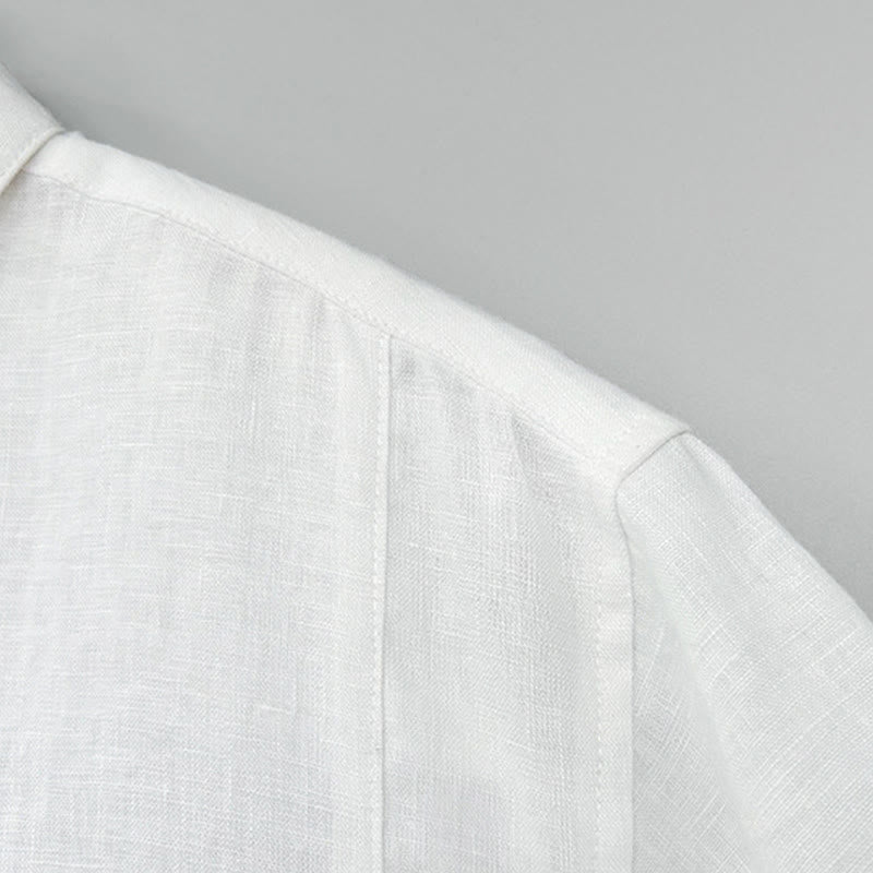 Buddha Stones Summer Casual Side Slit Solid Linen Men's Short Sleeve Shirts - image 4