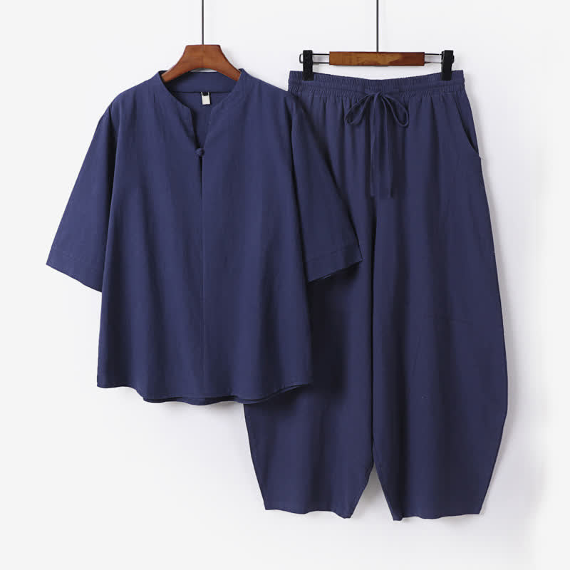 Buddha Stones 2Pcs Spring Summer Casual Tang Style Drawstring Solid Shirt Cropped Pants Men's Meditation Cloth With Pocket - MidnightBlue - US/UK/AU54，EU64 (9XL) - image 6
