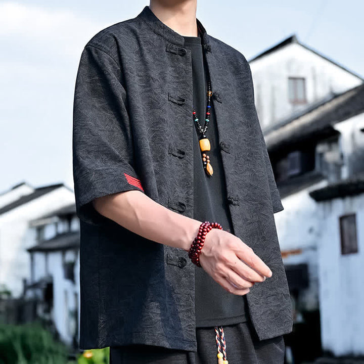 Buddha Stones Summer Tang Style Mandarin Collar Frog Button Solid Men's Short Sleeve Shirts - image 8