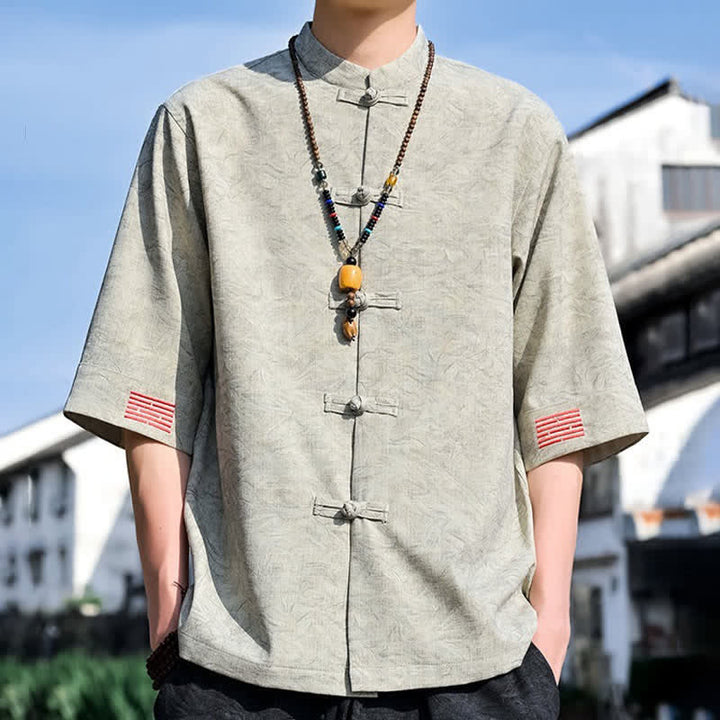 Buddha Stones Summer Tang Style Mandarin Collar Frog Button Solid Men's Short Sleeve Shirts - image 1