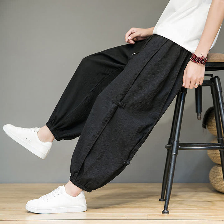 Buddha Stones Summer Casual Minimalist Drawstring Solid Cropped Pants Men's Harem Pants With Pocket - image 8