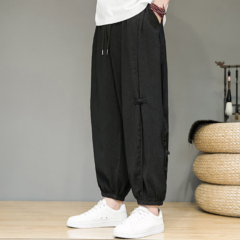 Buddha Stones Summer Casual Minimalist Drawstring Solid Cropped Pants Men's Harem Pants With Pocket - image 5