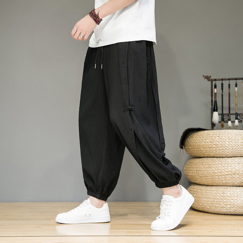 Buddha Stones Summer Casual Minimalist Drawstring Solid Cropped Pants Men's Harem Pants With Pocket - Black - US/UK/AU46, EU56 (5XL) - image 0