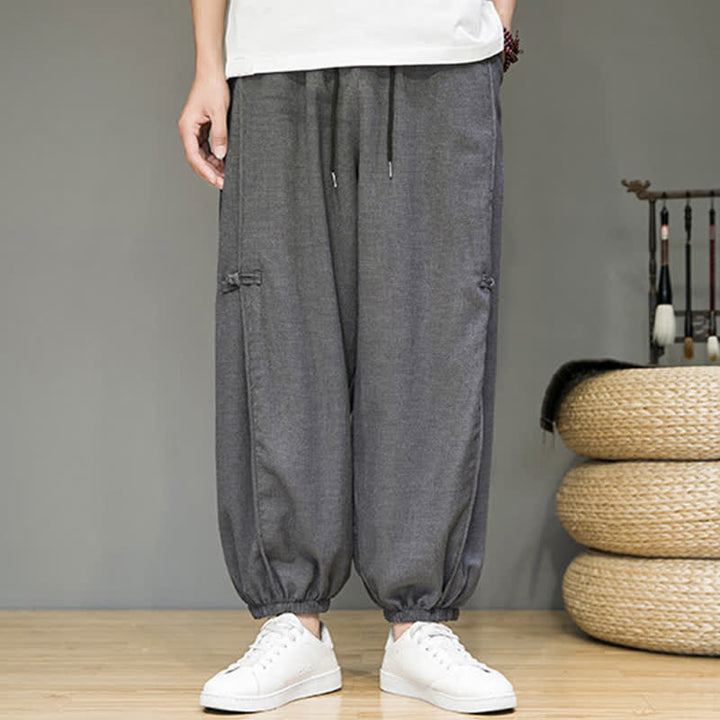 Buddha Stones Summer Casual Minimalist Drawstring Solid Cropped Pants Men's Harem Pants With Pocket - image 14