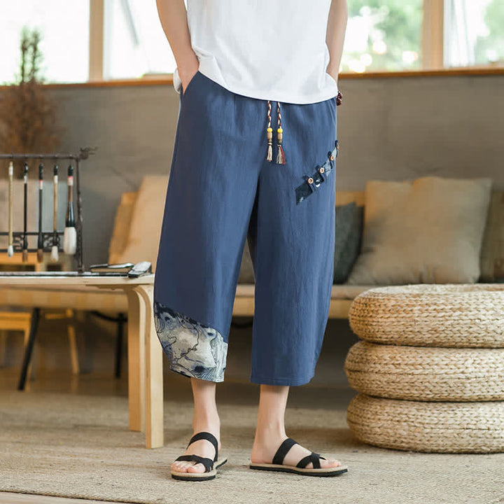 Buddha Stones Summer Casual Vintage Drawstring Floral Capri Pants Men's Harem Pants With Pocket - MidnightBlue - US/UK/AU46, EU56 (5XL) - image 6