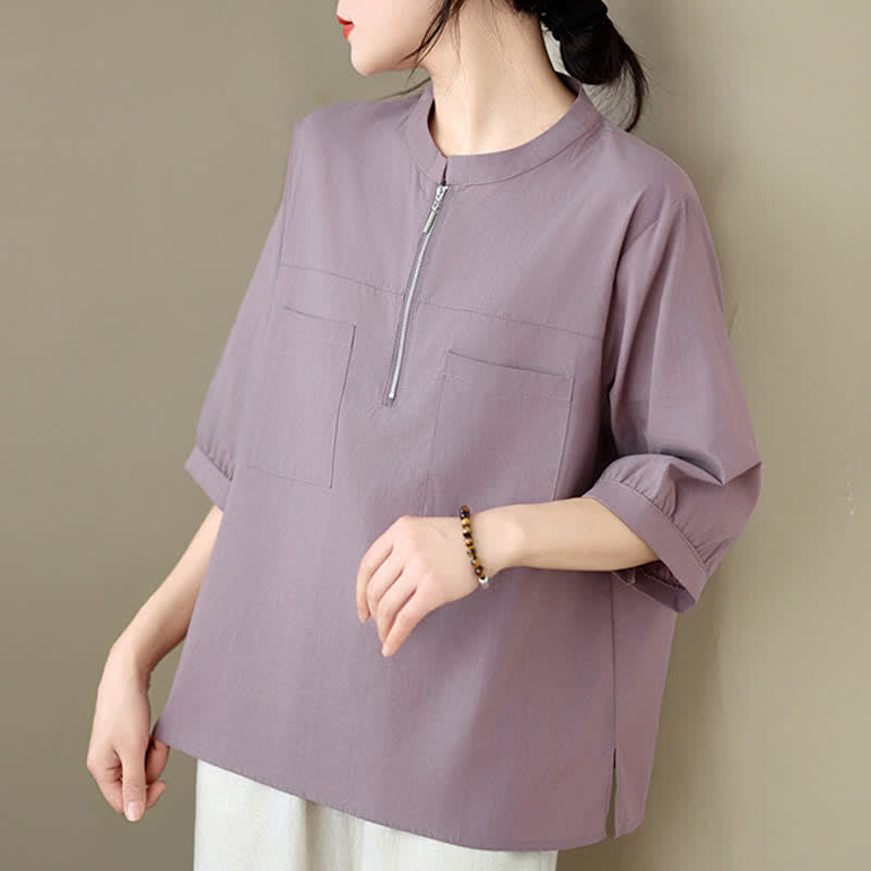 Buddha Stones Summer Minimalist Casual Quarter Zip Design Solid Women's Short Sleeve Shirts With Patch Pocket - image 12