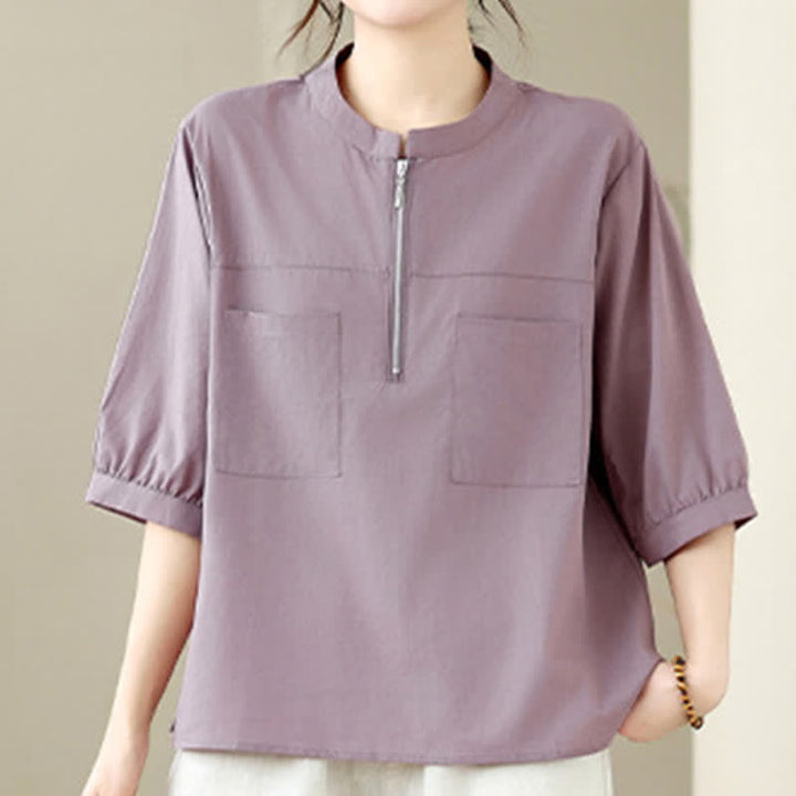 Buddha Stones Summer Minimalist Casual Quarter Zip Design Solid Women's Short Sleeve Shirts With Patch Pocket - image 15