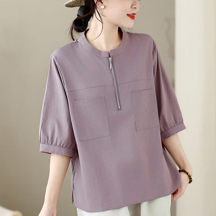 Buddha Stones Summer Minimalist Casual Quarter Zip Design Solid Women's Short Sleeve Shirts With Patch Pocket - Thistle - US12, UK/AU16, EU44 (2XL) - image 11