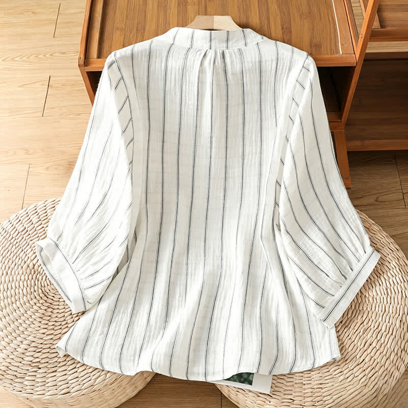 Buddha Stones Summer Casual Minimalist Button-Up Striped Women's Short Sleeve Shirts - image 1