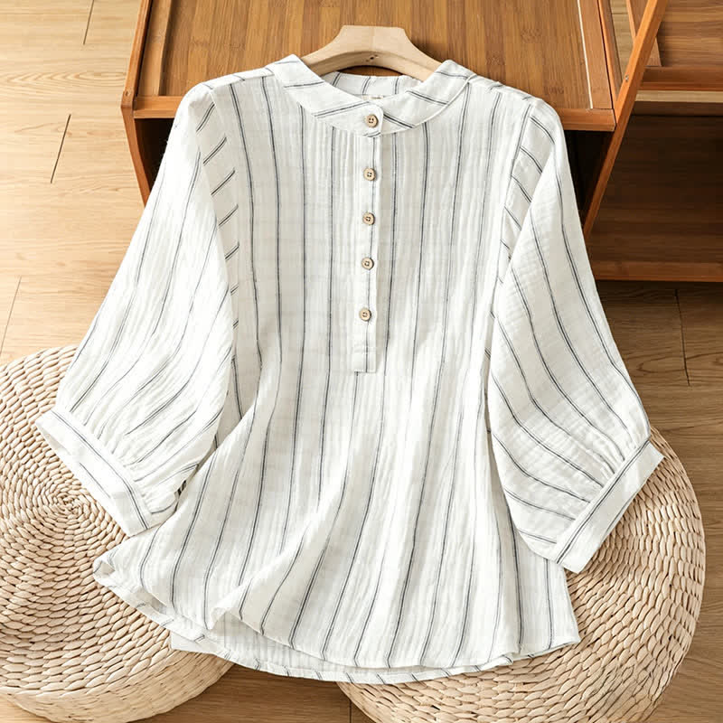 Buddha Stones Summer Casual Minimalist Button-Up Striped Women's Short Sleeve Shirts - White - US8-10, UK/AU12-14, EU40-42 (2XL) - image 0