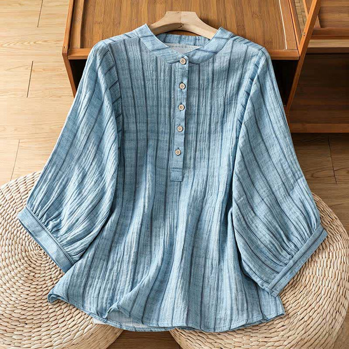 Buddha Stones Summer Casual Minimalist Button-Up Striped Women's Short Sleeve Shirts - LightSteelBlue - US8-10, UK/AU12-14, EU40-42 (2XL) - image 9