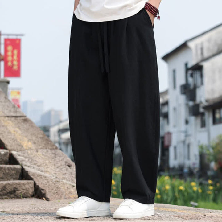 Buddha Stones Summer Casual Minimalist Drawstring Solid Cotton Long Pants Men's Harem Pants With Pocket - image 12
