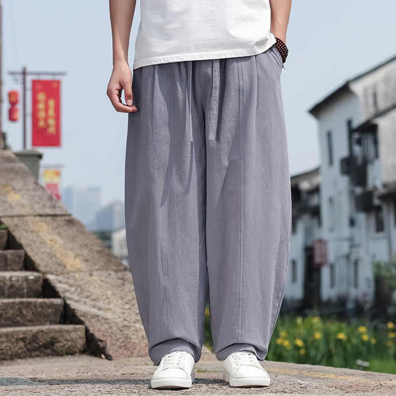 Buddha Stones Summer Casual Minimalist Drawstring Solid Cotton Long Pants Men's Harem Pants With Pocket - image 2