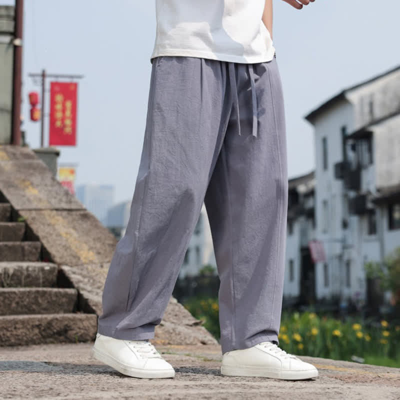 Buddha Stones Summer Casual Minimalist Drawstring Solid Cotton Long Pants Men's Harem Pants With Pocket - image 7