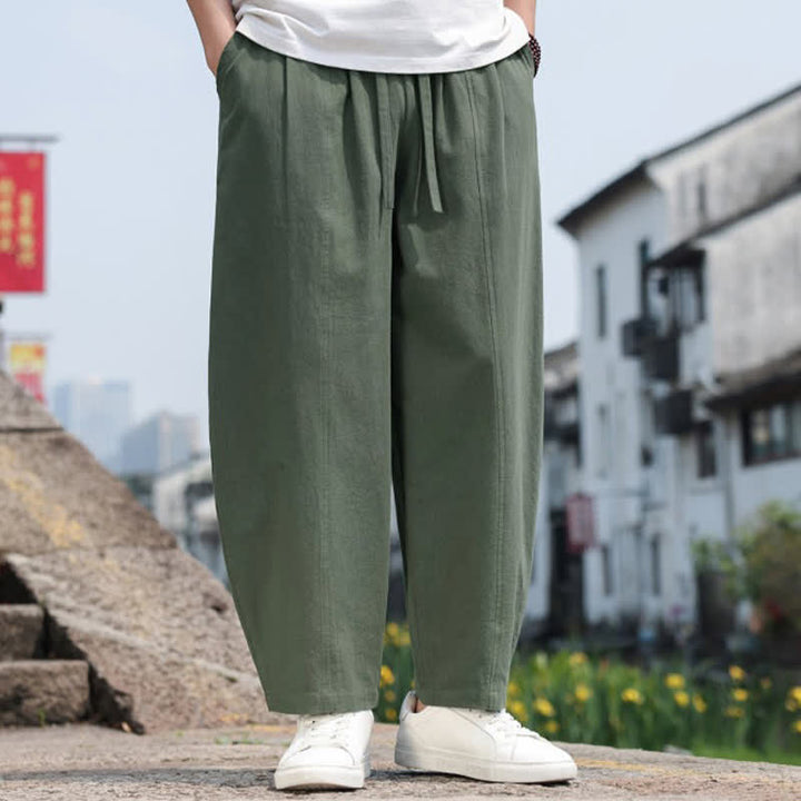 Buddha Stones Summer Casual Minimalist Drawstring Solid Cotton Long Pants Men's Harem Pants With Pocket - image 28
