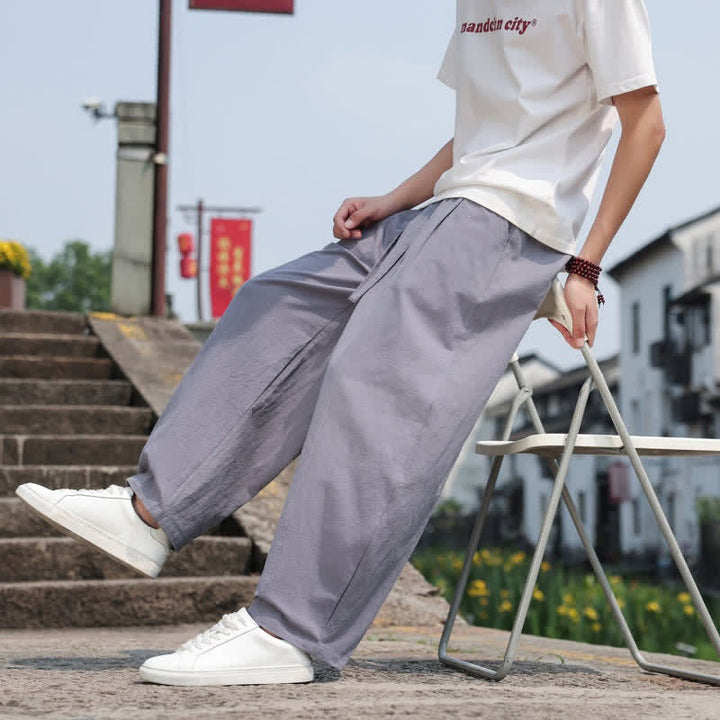 Buddha Stones Summer Casual Minimalist Drawstring Solid Cotton Long Pants Men's Harem Pants With Pocket - image 8