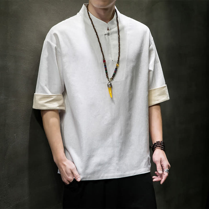 Buddha Stones Summer Tang Style Mandarin Collar Solid Men's Short Sleeve Shirts - White - US/UK/AU46, EU56 (5XL) - image 14