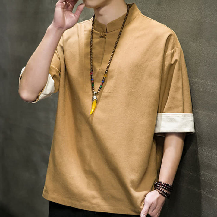 Buddha Stones Summer Tang Style Mandarin Collar Solid Men's Short Sleeve Shirts - image 13