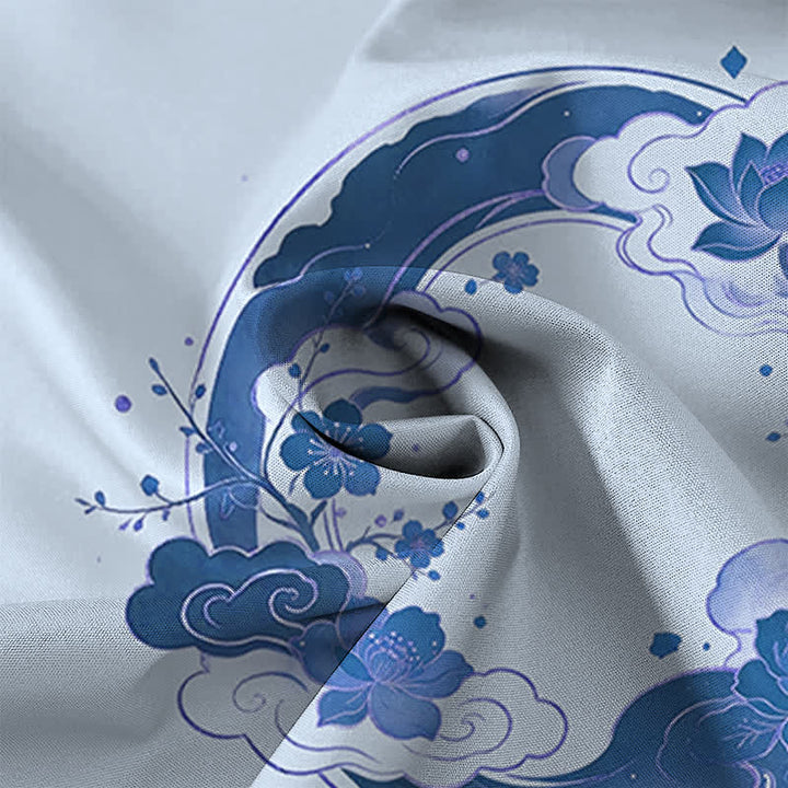 Buddha Stones Oriental Floral Lotus Peach Blossoms Cloud Pattern Buttons Breathable Men's Short Sleeve Shirt - image 5