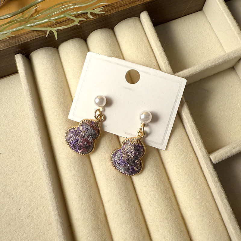 Buddha Stones Song Brocade Pearl Gourd Healing Handmade Stud Dangle Earrings - Purple(Same Color Tone – Pattern Varies) - image 1