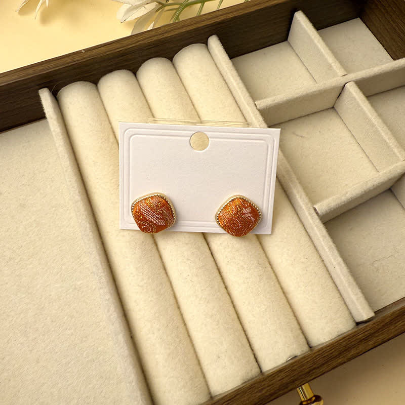 Buddha Stones Handmade Song Brocade Protection Geometric Square Stud Earrings - Orange(Same Color Tone – Pattern Varies) - image 8
