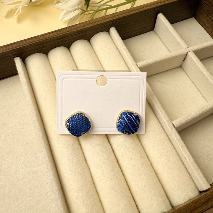 Buddha Stones Handmade Song Brocade Protection Geometric Square Stud Earrings - Navy Blue(Same Color Tone – Pattern Varies) - image 4