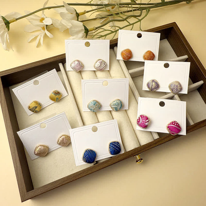 Buddha Stones Handmade Song Brocade Protection Geometric Square Stud Earrings - image 11