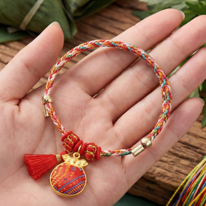 Buddha Stones Handmade Five-Color Cord Luck Red Song Brocade Chinese Lock Charm Apple Money Bag Gourd Zongzi Braided Bracelet - image 6