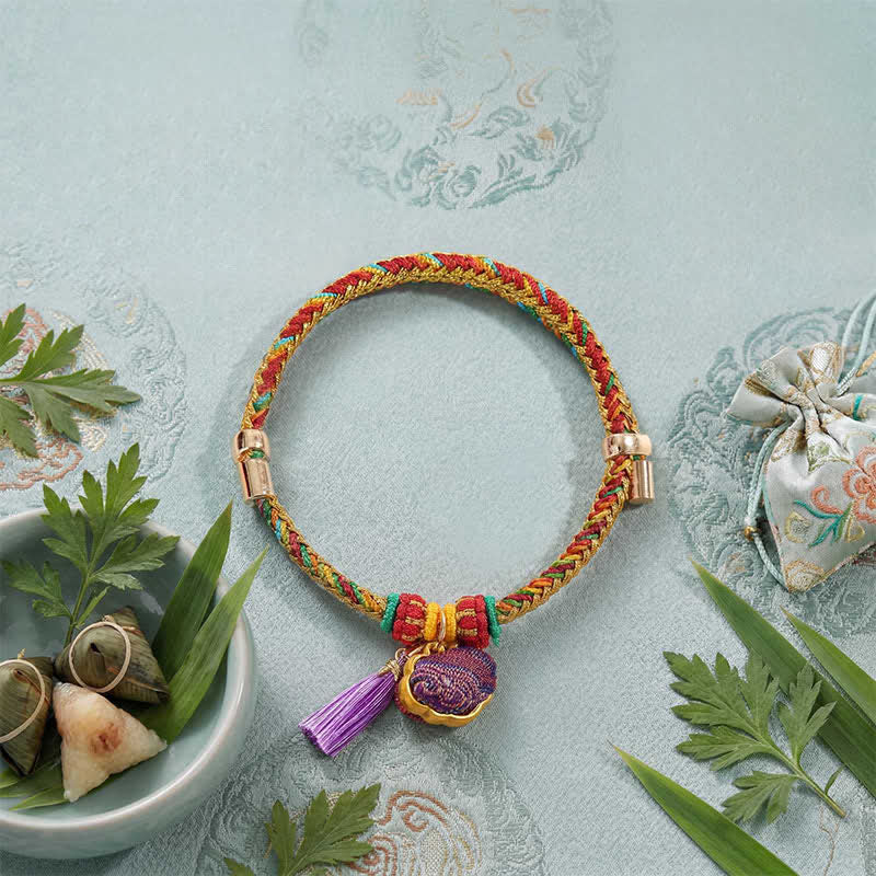 Buddha Stones Handwoven Five Color Cord Luck Purple Song Brocade Chinese Lock Charm Apple Money Bag Gourd Zongzi Adjustable Bracelet - image 7