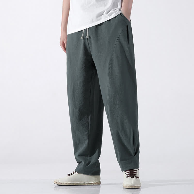 Buddha Stones Summer Casual Minimalist Drawstring Solid Cotton Cropped Pants Men's Harem Pants With Pocket - CadetBlue - US/UK/AU46, EU56 (5XL) - image 0