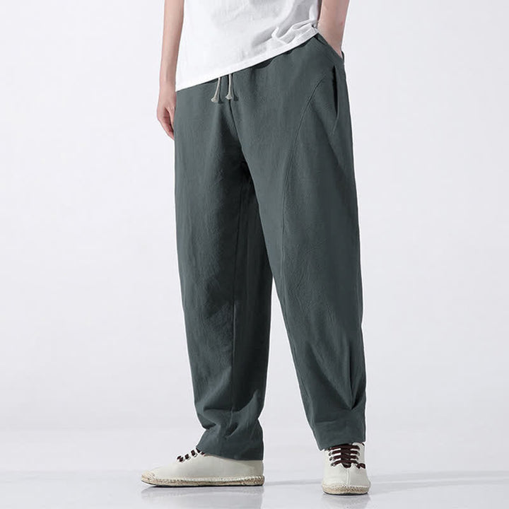 Buddha Stones Summer Casual Minimalist Drawstring Solid Cotton Cropped Pants Men's Harem Pants With Pocket - CadetBlue - US/UK/AU46, EU56 (5XL) - image 0