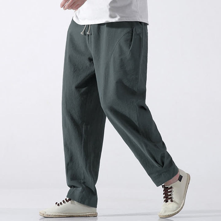 Buddha Stones Summer Casual Minimalist Drawstring Solid Cotton Cropped Pants Men's Harem Pants With Pocket - image 1