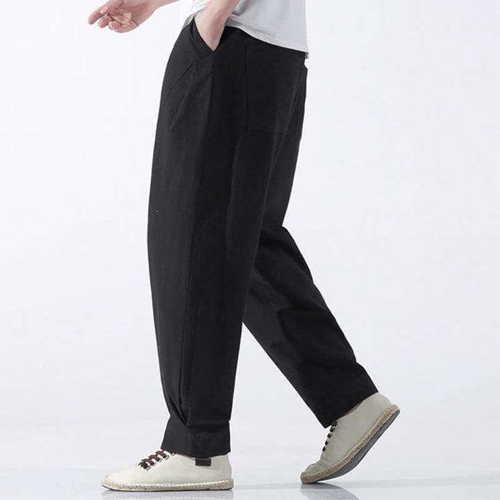 Buddha Stones Summer Casual Minimalist Drawstring Solid Cotton Cropped Pants Men's Harem Pants With Pocket - image 9