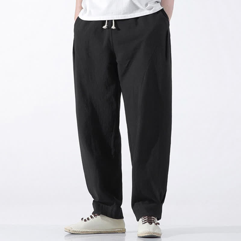 Buddha Stones Summer Casual Minimalist Drawstring Solid Cotton Cropped Pants Men's Harem Pants With Pocket - Black - US/UK/AU46, EU56 (5XL) - image 7