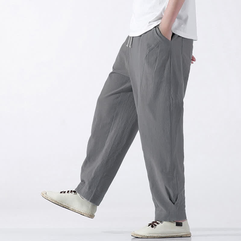 Buddha Stones Summer Casual Minimalist Drawstring Solid Cotton Cropped Pants Men's Harem Pants With Pocket - image 25