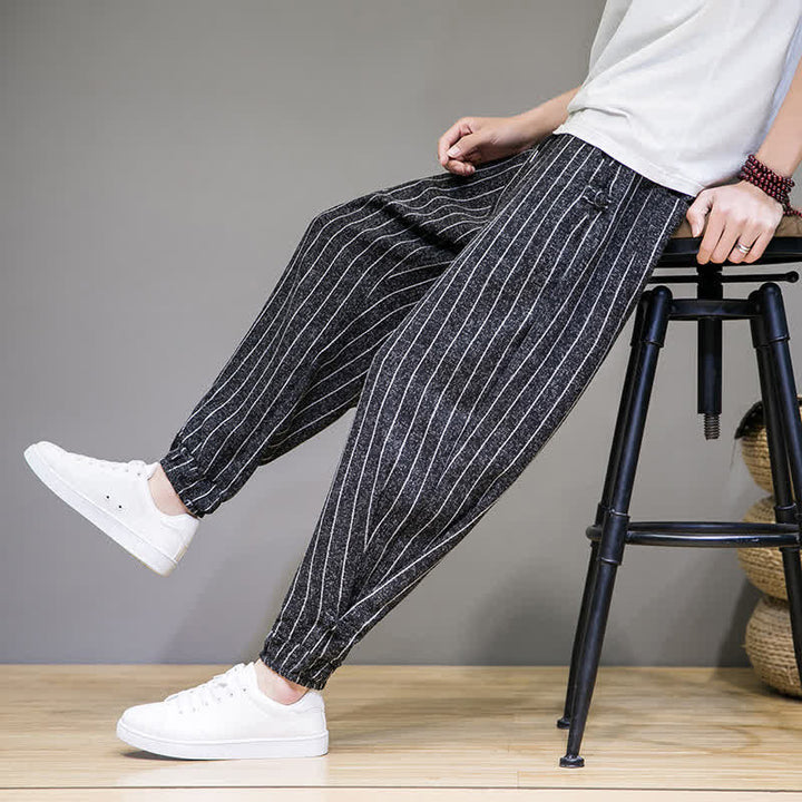 Buddha Stones Summer Casual Drawstring Striped Cropped Pants Men's Harem Pants With Pockets - image 11