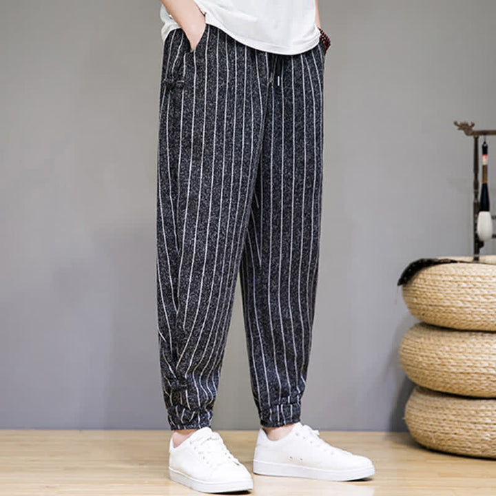 Buddha Stones Summer Casual Drawstring Striped Cropped Pants Men's Harem Pants With Pockets - image 3