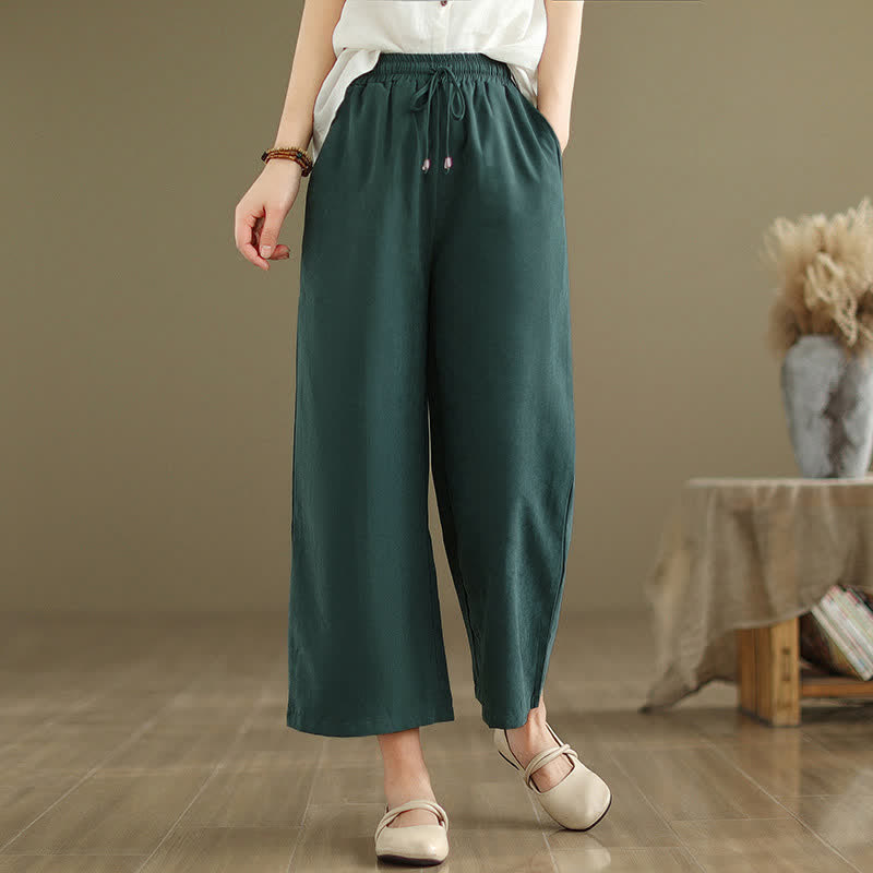 Buddha Stones Summer Casual Minimalist Drawstring Solid Cotton Cropped Pants Women's Wide Leg Pants With Pocket - ForestGreen - US8-10, UK/AU12-14, EU40-42 (2XL) - image 0