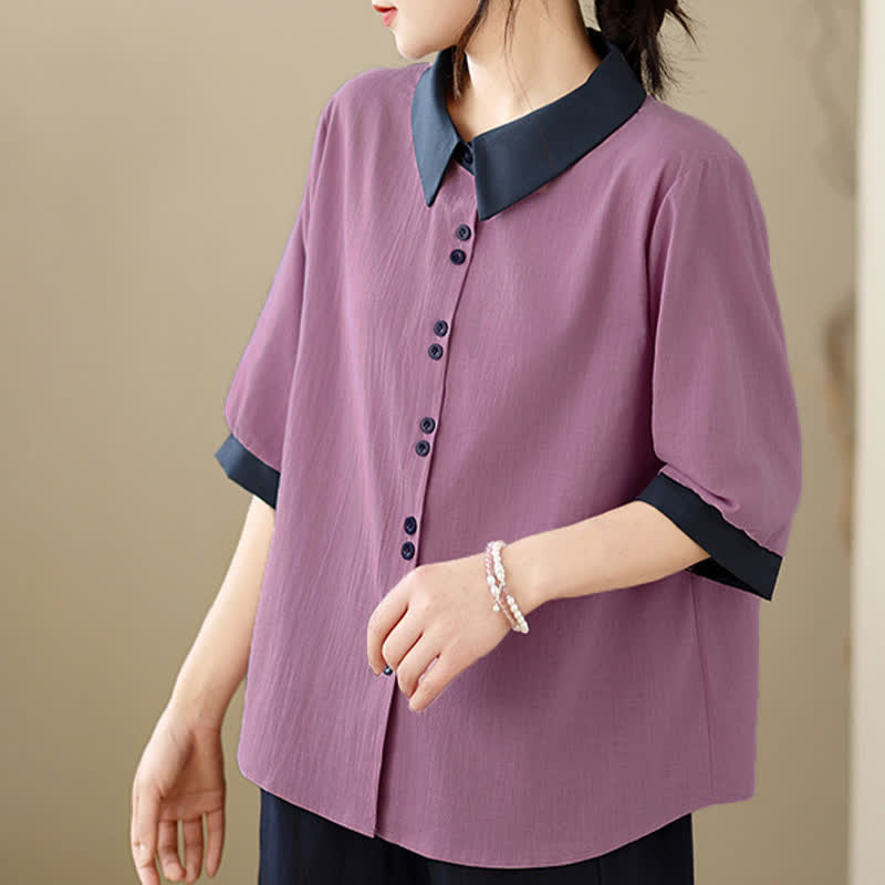 Buddha Stones Summer Elegant Button-Up contrast collar Solid Women's Short Sleeve Shirts - image 6
