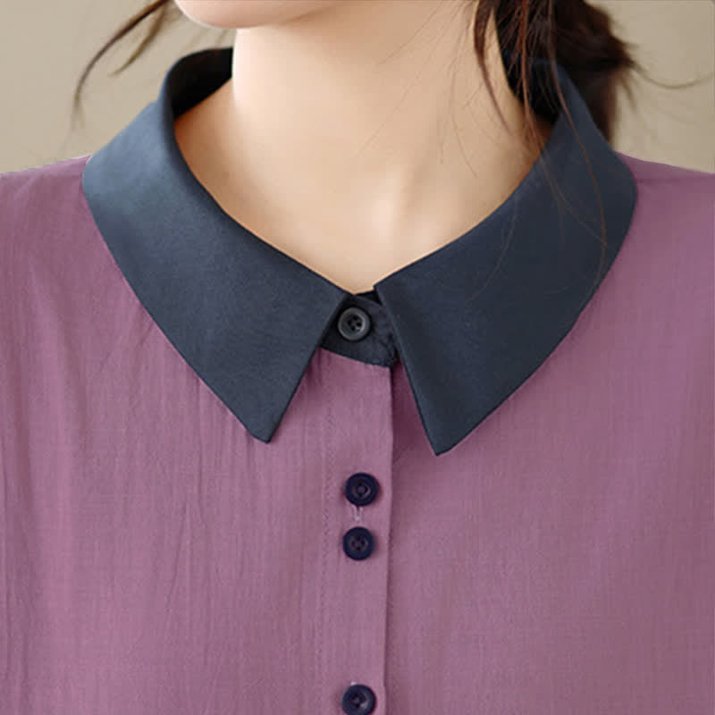 Buddha Stones Summer Elegant Button-Up contrast collar Solid Women's Short Sleeve Shirts - image 7