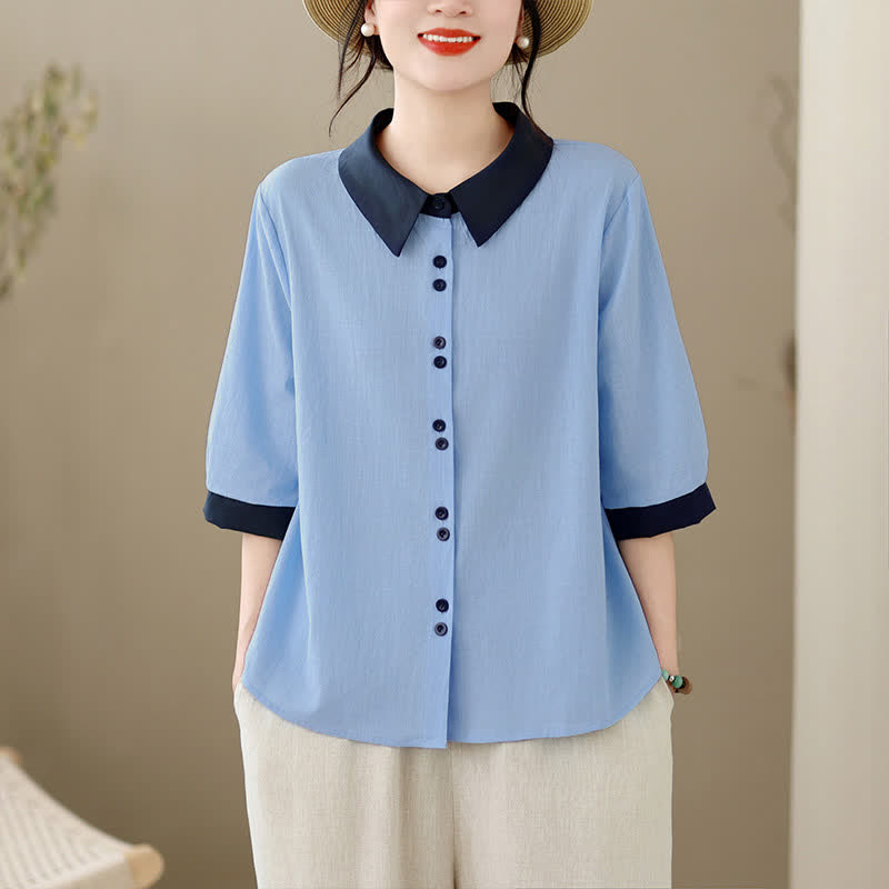 Buddha Stones Summer Elegant Button-Up contrast collar Solid Women's Short Sleeve Shirts - image 13