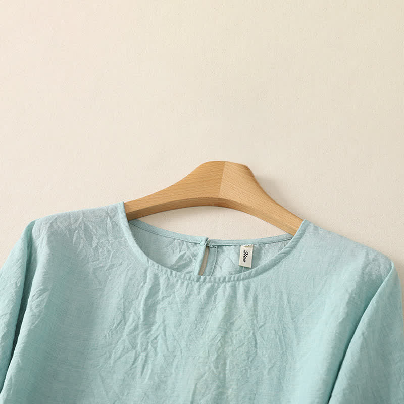 Buddha Stones Summer Casual Minimalist Solid Crew Neck Women's Long Sleeve Shirts - image 5